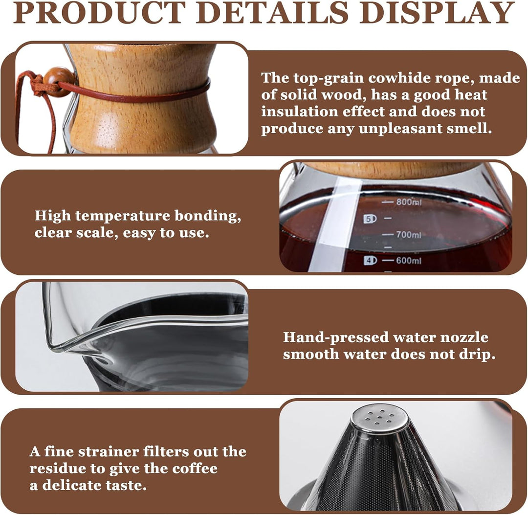 Pour Over Kaffeebereiter, 800 ml Permanentfilter Pour Over Kaffeebereiter, Borosilikat Glaskanne mit