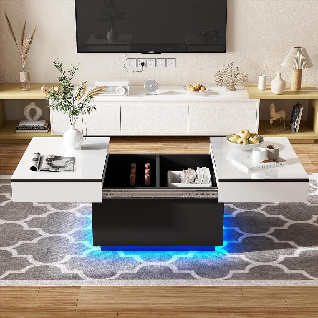 JoliJour Couchtisch Weiss Hochglanz mit LED,Ausziehbarer Couchtisch,Hochglanz-Finish,Wohnzimmertisch