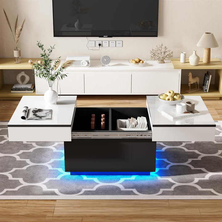 JoliJour Couchtisch Weiss Hochglanz mit LED,Ausziehbarer Couchtisch,Hochglanz-Finish,Wohnzimmertisch