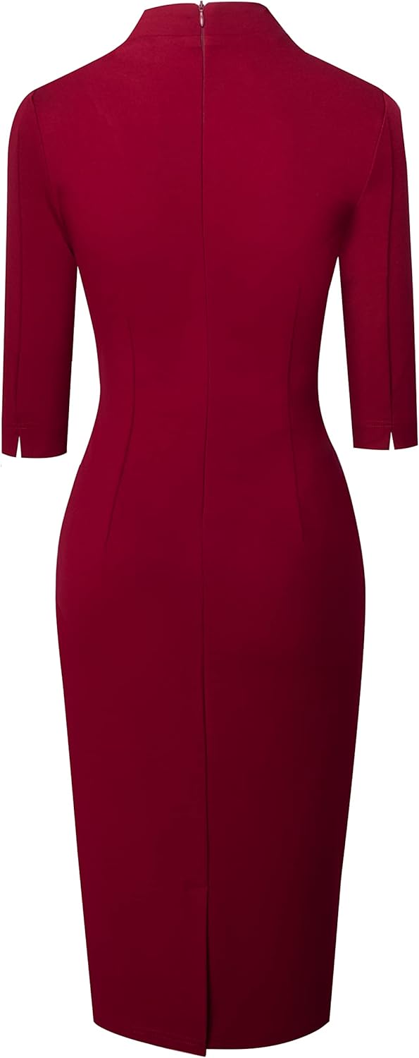 HOMEYEE Damen Elegant V-Ausschnitt 3/4 Ärmel Cocktail Retro Bodycon Bleistiftkleid Business Midi Etu