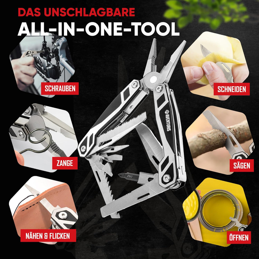 AVENTURIS® Multitool-Werkzeug -PERSONALISIERBAR- 21 Funktionen [Edelstahl] Ein Multifunktionswerkzeu