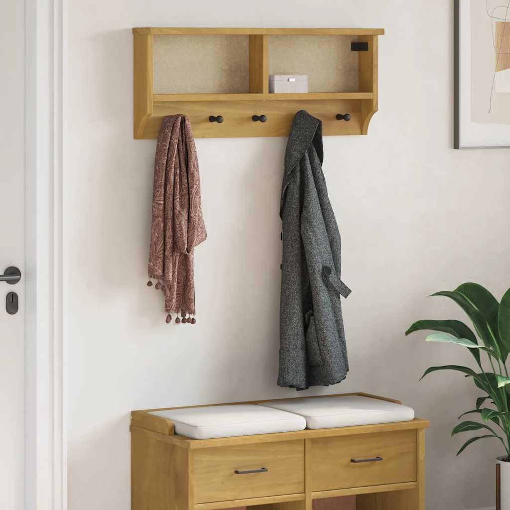 Hothingwell Wandgarderobe, massives Kiefernholz, 87 x 12 x 35 cm | Walnuss-Finish, Haken für Mäntel