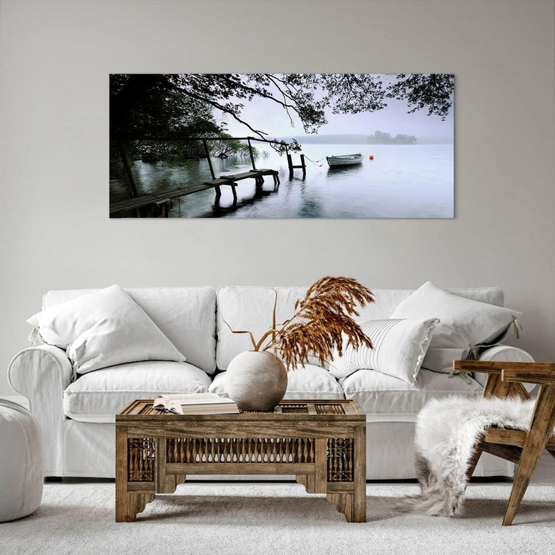 Wandbilder Dekoration Wohnzimmer See Dock Boot Bäume Panorama Bilder auf Leinwand 120x50cm Leinwandb