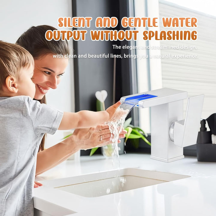 LED Lichter Bad Wasserhahn Verchromt, Wasserfall Armatur, 3 Farbe Waschbeckenarmatur, Warm- und Kalt