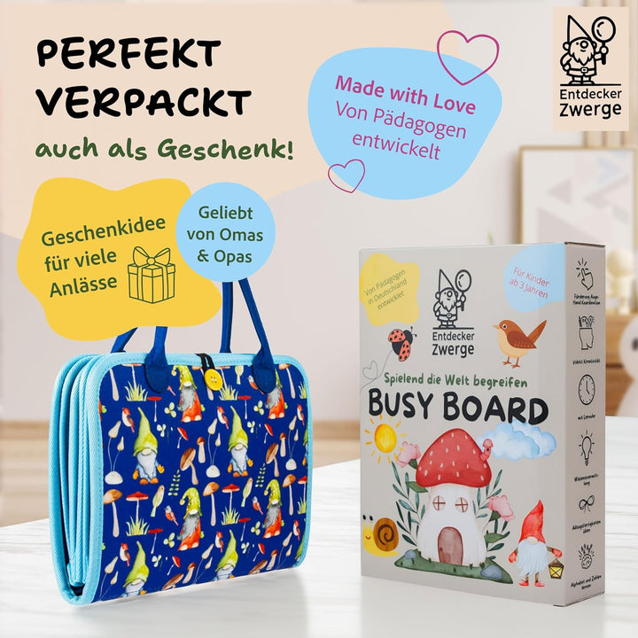 Busy Board ab 3 Jahre - Lernspielzeug mit Deutschen Inhalten - 25 Aktivitäten auf 10 Seiten - Motori