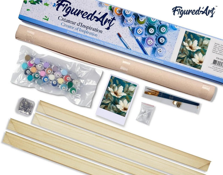 Figured'Art Malen Nach Zahlen Erwachsene Mit Rahmen Dunkelweisse Blumen - Paint by Numbers Basteln D