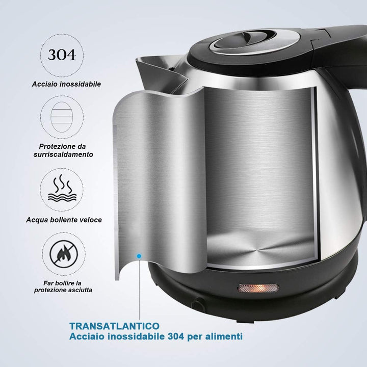 EXTRASTAR Elektrischer Wasserkocher, 1,2 l, 1630 W, Edelstahl, automatische Abschaltung, 360° drehba
