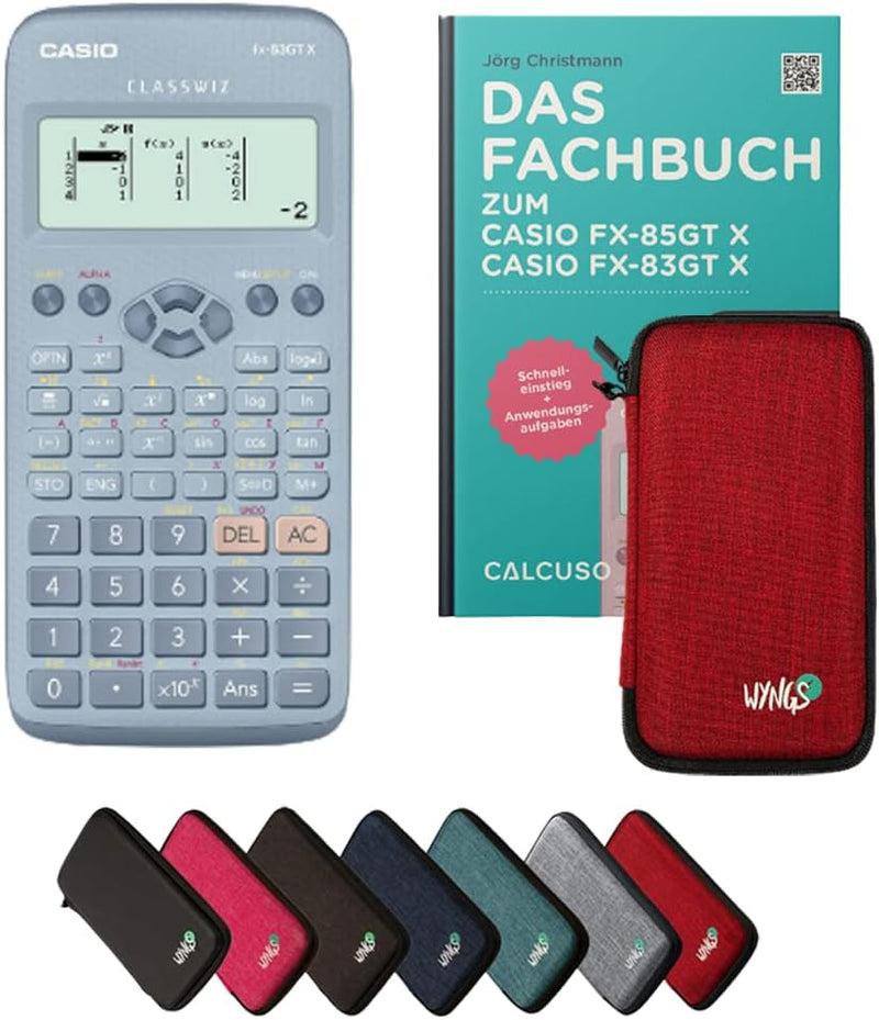 CALCUSO Standardpaket: Casio FX-83GT X Blau + WYNGS Schutztasche rot + Fachbuch von CALCUSO + Erweit