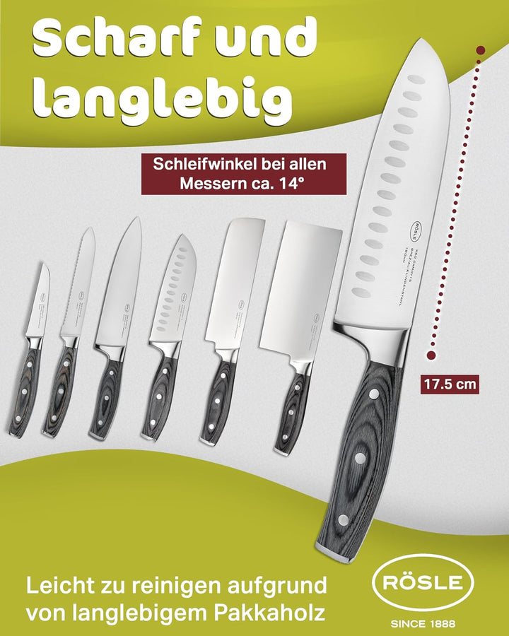 RÖSLE Santokumesser WOLFGREY 17,5 cm – Scharfes Küchenmesser & Kochmesser mit Kullenschliff – Santok