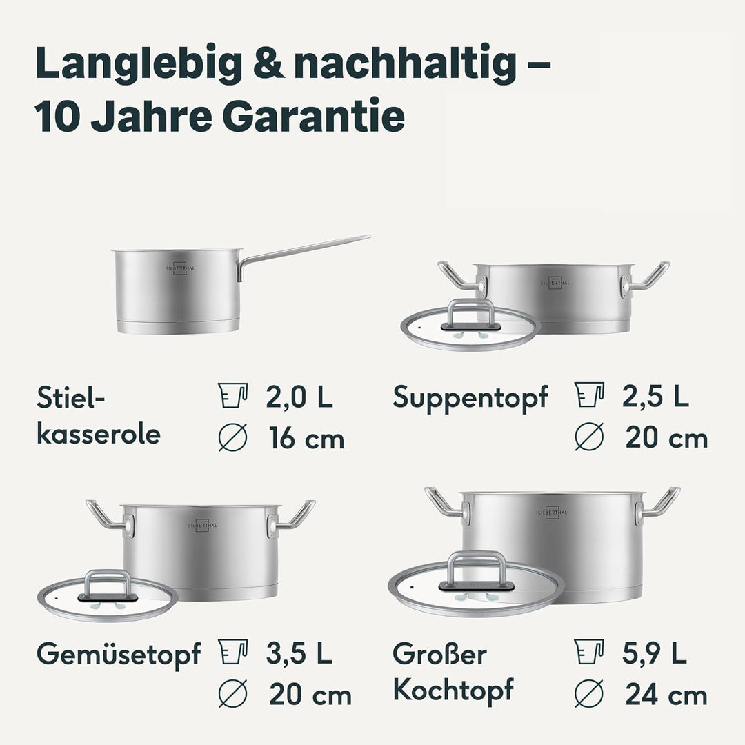 SILBERTHAL Topfset Induktion - 4-teilig - Edelstahl Kochtopf Set mit Glasdeckel - Unbeschichtet - Fü