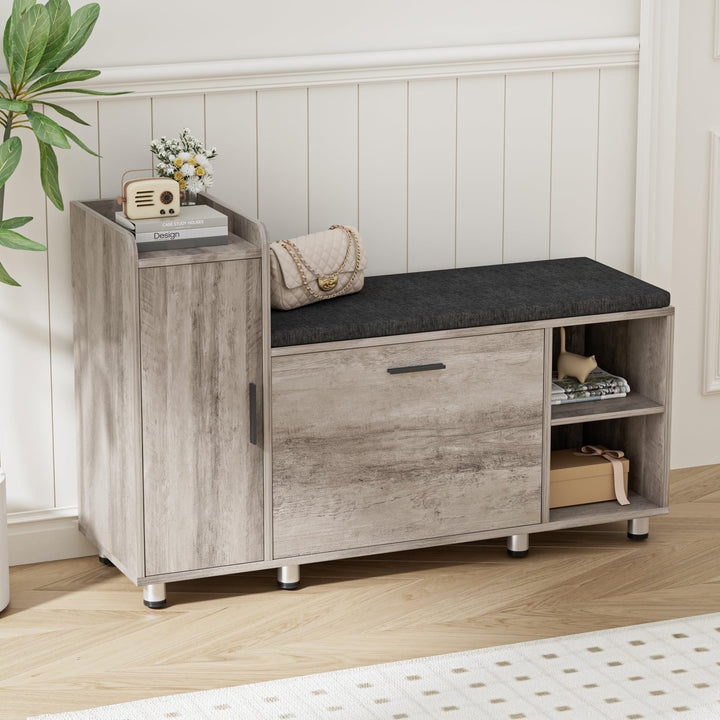 Schuhbank mit Sitzfläche, Klappfach mit Verstellbarer Trennwand, Höhenverstellbar, Schuhschrank mit