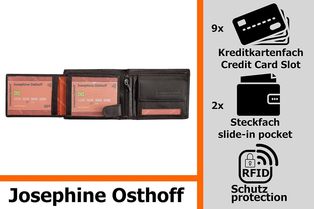 Josephine Osthoff Geldbörse Herren klassisch Querformat, Tri-Fold, Münzfach, Kartenfächer mit RFID,