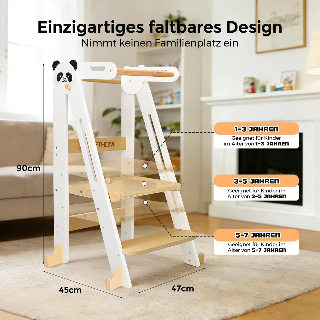 Lernturm Klappbar, Montessori Learning Tower für Kinder, 3-Fach Höhenverstellbar, Platzsparend, Sich