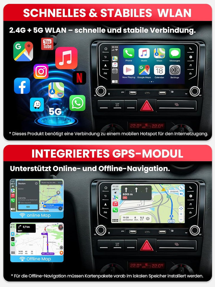 Doppel DIN Autoradio mit Bildschirm für Audi A3 (2003-2012), Wireless CarPlay &amp; Android Auto, 7" Aut