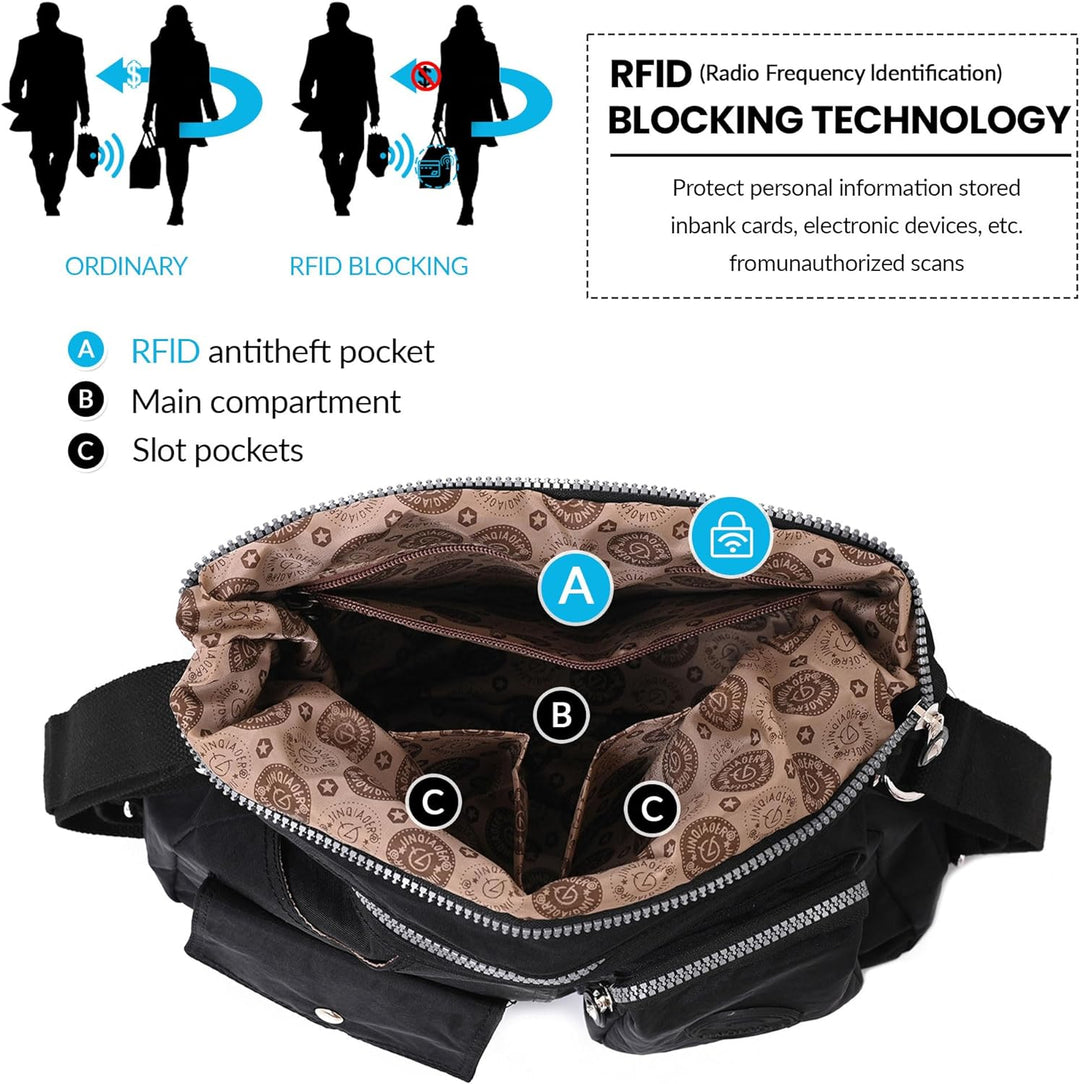 Multipurpose Hobo Purse for Women with Antitheft RFID, Waterproof Nylon Crossbody Bag Shoulder Handb