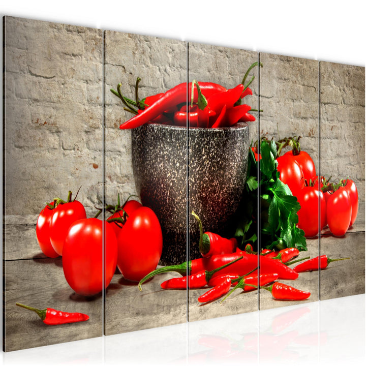 Runa Art Wandbild XXL Küche - Gemüse Esszimmer Küchenbilder 200 x 80 cm Braun Rot 5 Teilig - Made in