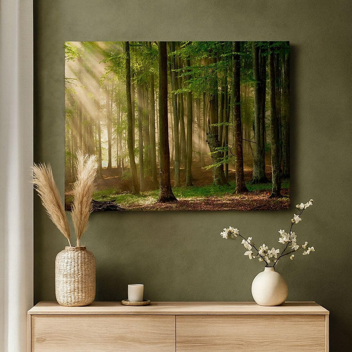 Bilder auf Leinwand 100x70cm Leinwandbild mit Rahmen Wald Baum Natur Gross Wanddeko Bild Schlafzimme