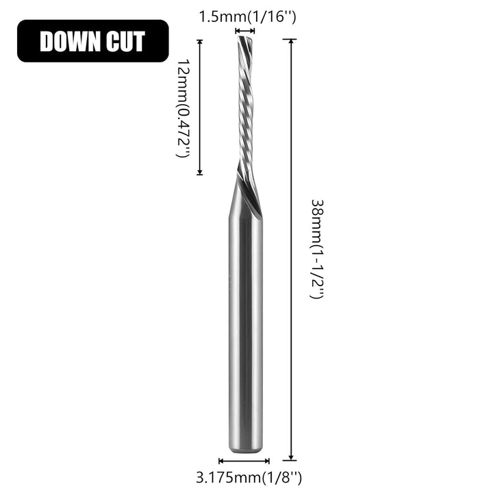 1/8 Zoll Down Cut Einzelflügel (O-Flute) Schaftfräser, mit 1,5 mm Schneiddurchmesser, 12 mm Schnittl