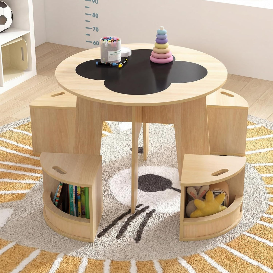 FANTASK 5-TLG. Kindertisch Stuhl Set Rund, Holztisch mit 4 Stauraumhockern, Maltisch für Kinderzimme