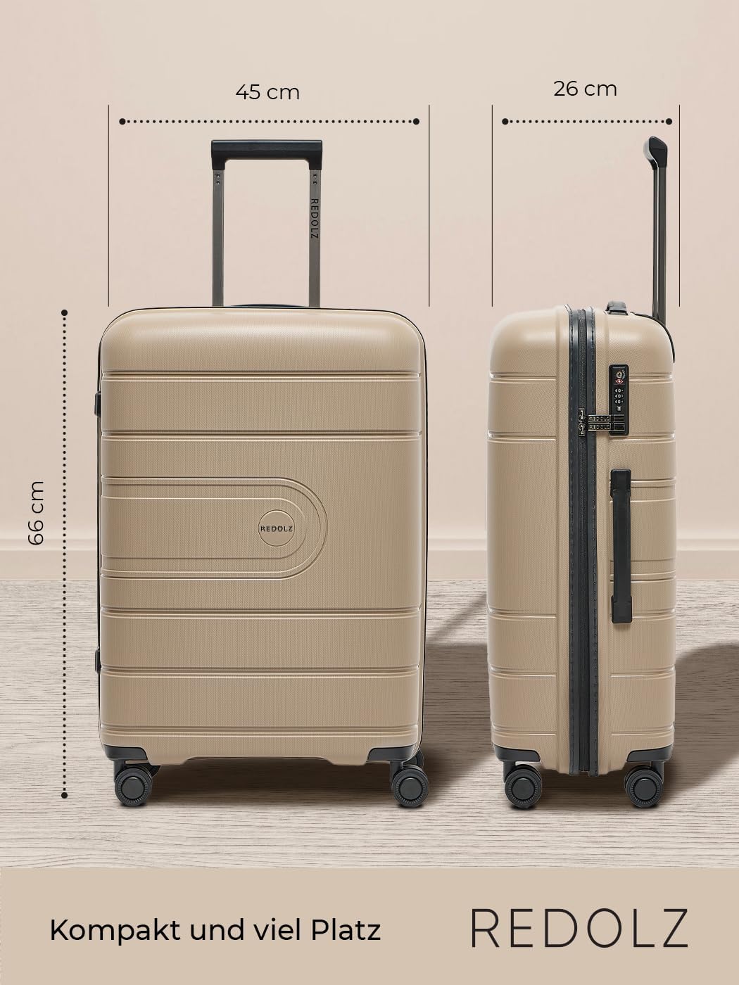 REDOLZ Hartschalen Check-in Koffer | Mittelgrosser M Trolley 45 x 26 x 66 cm aus hochwertigem, leich