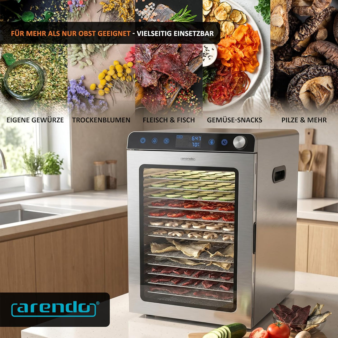 Arendo - Dörrautomat Edelstahl mit 16 Edelstahlgitter - 1000 Watt - 13400 cm² - 8 Programme - Dörrge