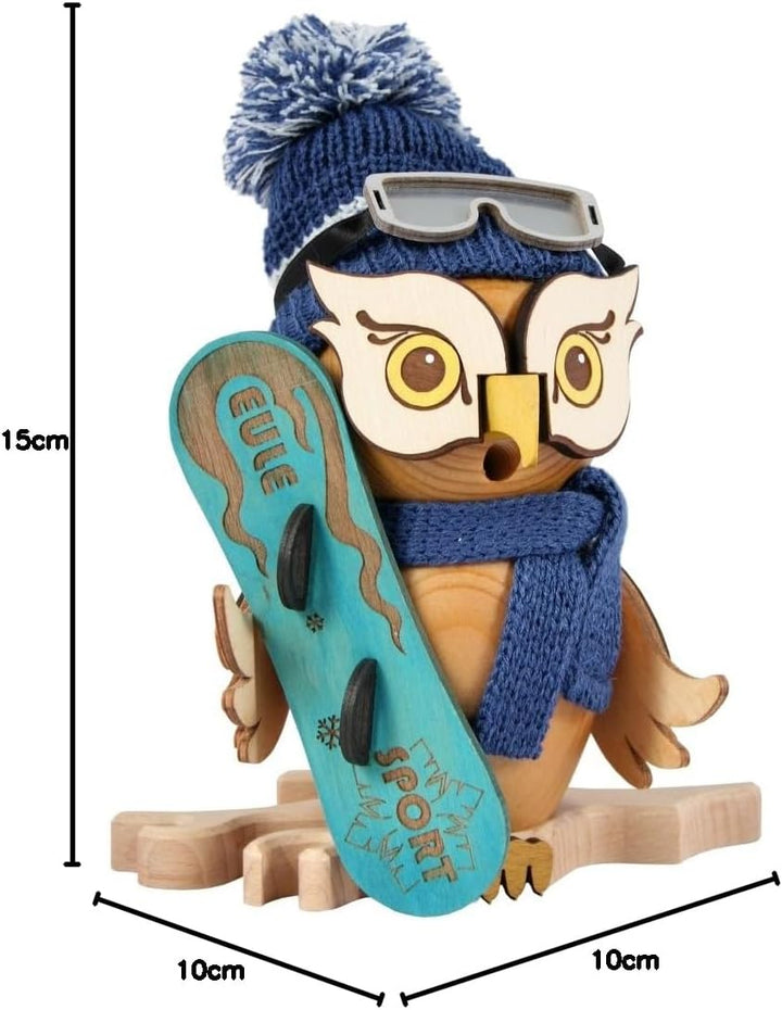 Drechslerei Kuhnert - Rauchfigur/Räucherfigur - Eule mit Snowboard aus Massivholz - ca. 15 cm - Made
