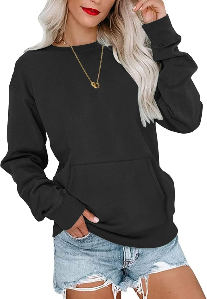 WNEEDU Damen Langarmshirts Lässige Sweatshirts mit Taschen Schwarz S, Schwarz S