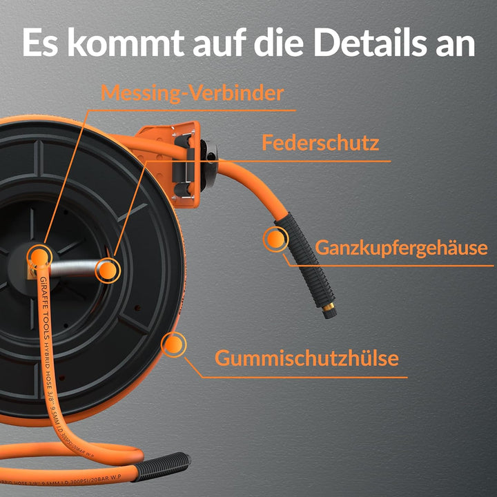 Giraffe Tools Automatik Druckluftschlauchtrommel 15M Plus mit 180° Schwenkbracket, Automatische Aufr