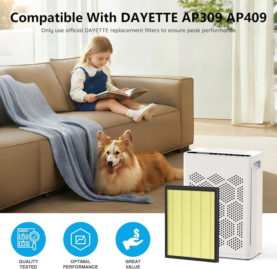 DAYETTE H14 HEPA-Ersatzfilter kompatibel mit AP309/409 Luftreinigern, 4-in-1 H14 True HEPA mit hochw