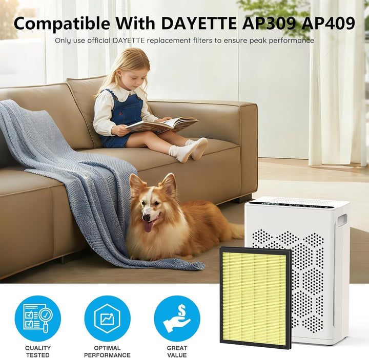 DAYETTE H14 HEPA-Ersatzfilter kompatibel mit AP309/409 Luftreinigern, 4-in-1 H14 True HEPA mit hochw