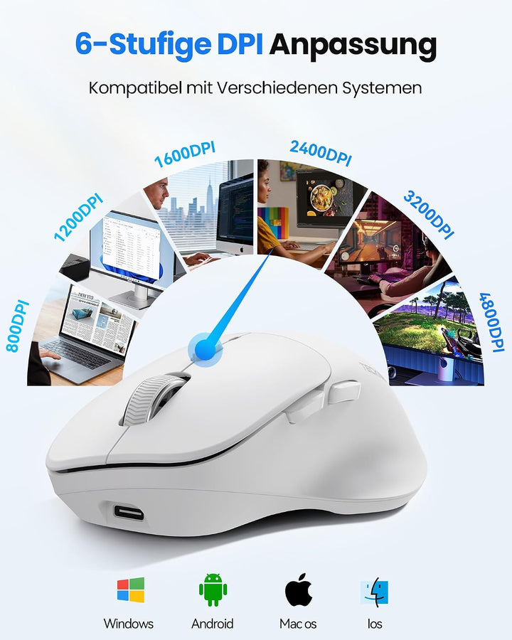 TECKNET Bluetooth Maus Wiederaufladbar, Ergonomische Daumenauflage | Tri-Modi: BT5.0/3.0 + 2.4G, 480