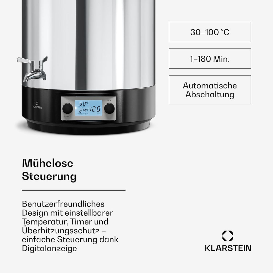 Klarstein Biggie Digitaler Einkochautomat, 25 L Edelstahl-Einkochtopf mit Edelstahlhahn & Timer, 200