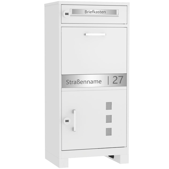 Paketbriefkasten Metall mit Zahlenschloss personalisiert | Paketbox Weiss lasergraviertes Namensschi