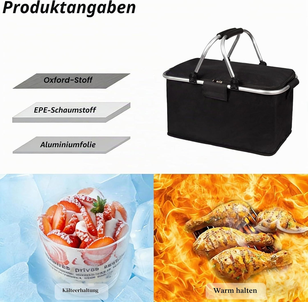 Einkaufskorb Faltbar mit Kühlfunktion Kühltasche Thermokorb mit Deckel Picknickkorb mit Aluminiumrah