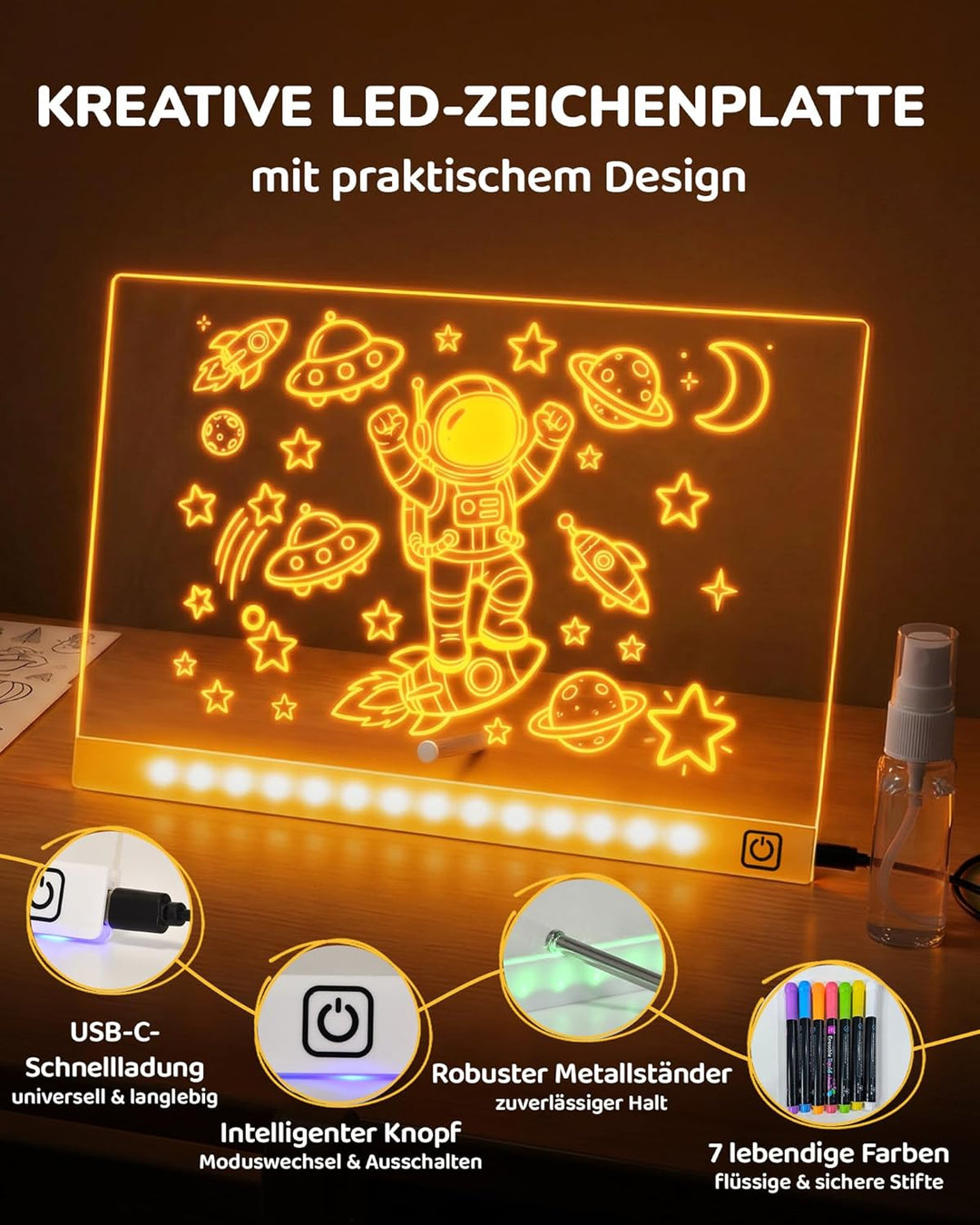 KOKODI LED Zeichentafel für Kinder, leuchtendes Malbrett 37x27 cm mit 7 Stiften, USB-C, kreatives Le