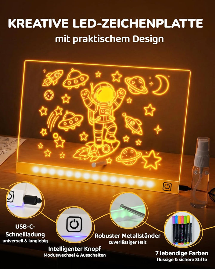 KOKODI LED Zeichentafel für Kinder, leuchtendes Malbrett 37x27 cm mit 7 Stiften, USB-C, kreatives Le