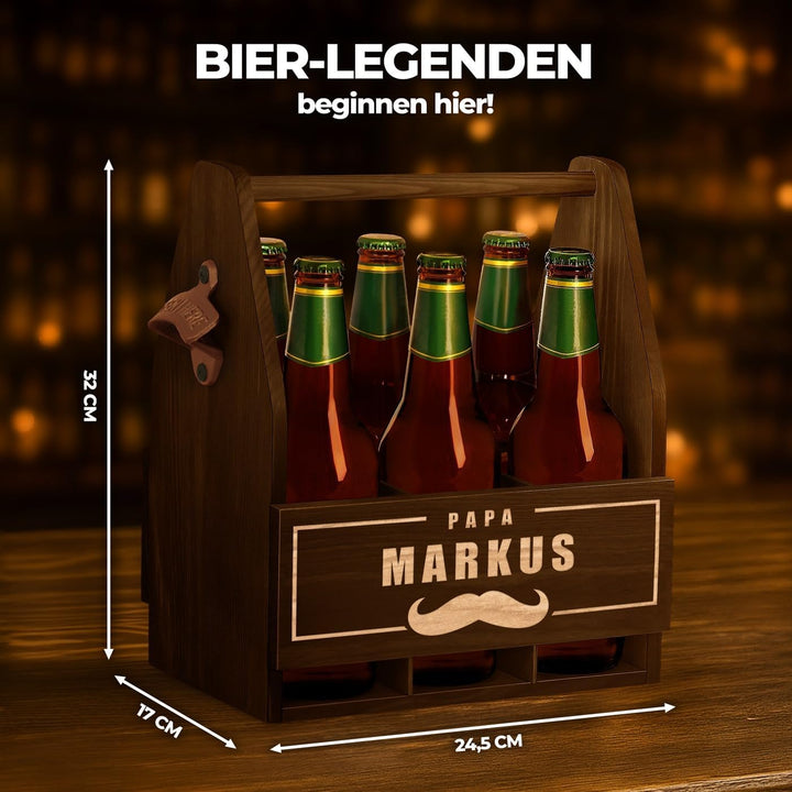 Maverton Bierträger für 6 Flaschen 0,5L + Gravur - Männerhandtasche mit Flaschenöffner - Grösse: 25x