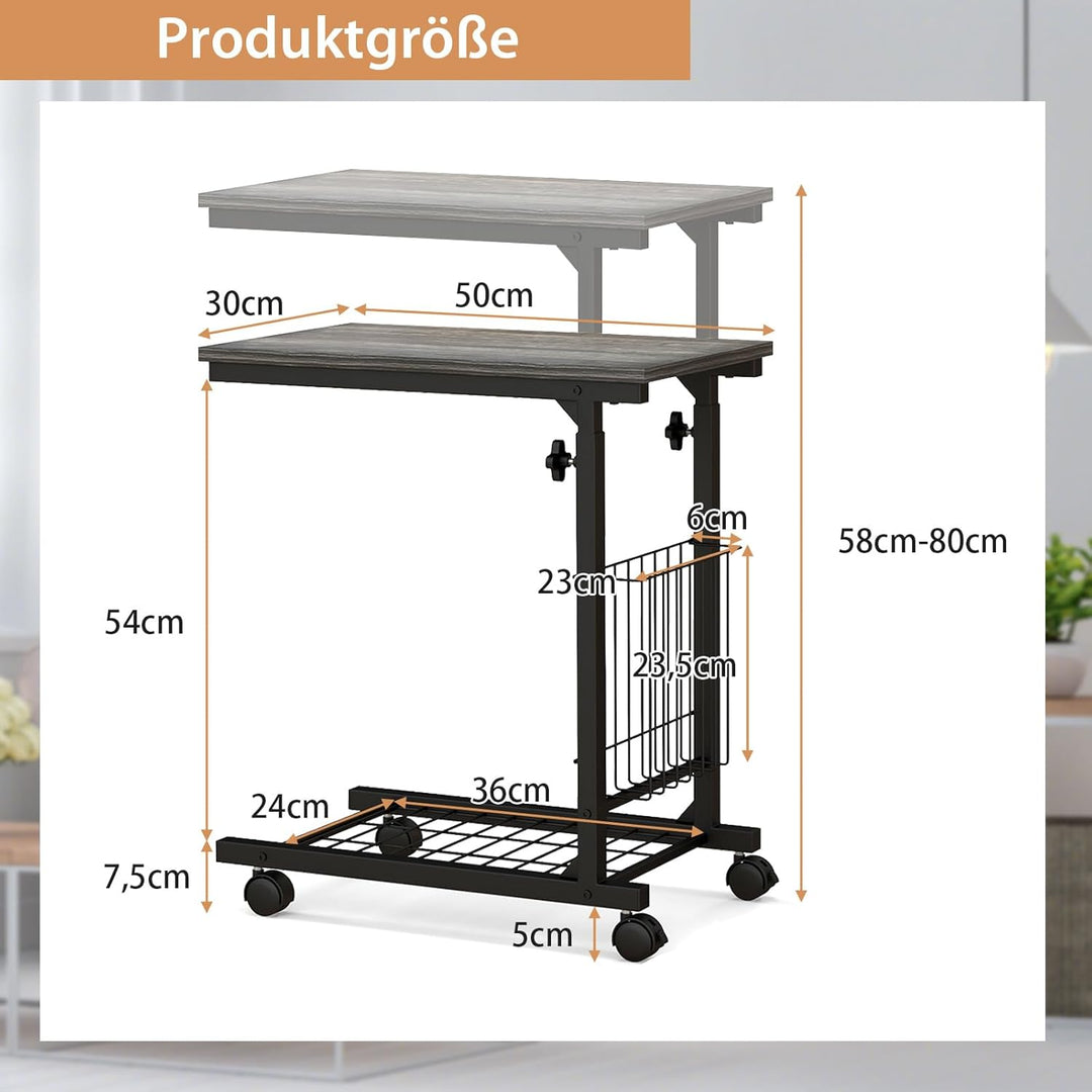 COSTWAY Beistelltisch mit Rollen, Laptoptisch höhenverstellbar, mit Aufbewahrungskorb, Sofatisch C-F