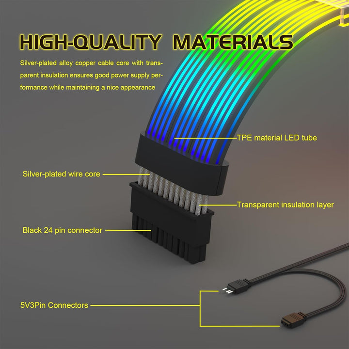Sirlyr 24 Pin RGB Kabel,RGB PSU Kabel Verlängerungen - 5V 3Pin Addressable ARGB Motherboard Netzteil