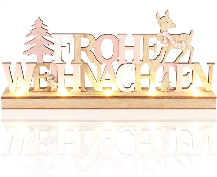 com-four® LED Deko Aufsteller aus Holz - beleuchteter Schriftzug auf Holzsockel - Deko-Schriftzug zu