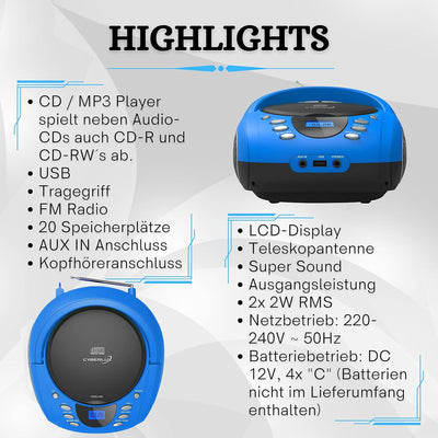 Tragbare Boombox | CD/CD-R | USB | FM Radio | Bluetooth | AUX-In | Kopfhöreranschluss | CD-Player |