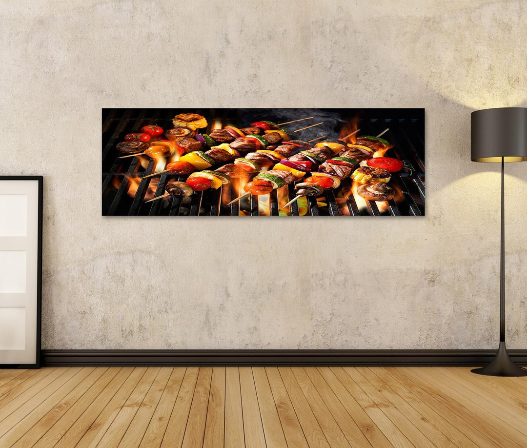 islandburner Bild auf Leinwand Fleischspiesse Gemüse Flammender Grill Grillspiesse Bilder Wandbilder