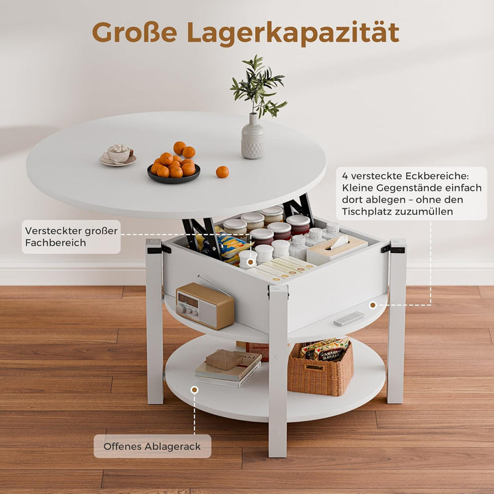 ELUCHANG Couchtisch Rund mit Hebeplatte, Couchtisch Höhenverstellbarer 2 in 1, Beistelltisch Wohnzim