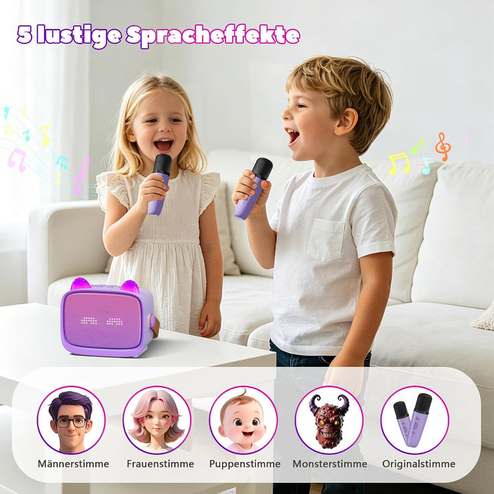 Karaoke Maschine für Kinder mit 2 Kabellosen Mikrofonen, Bluetooth Lautsprecher mit LED Licht, Emoji
