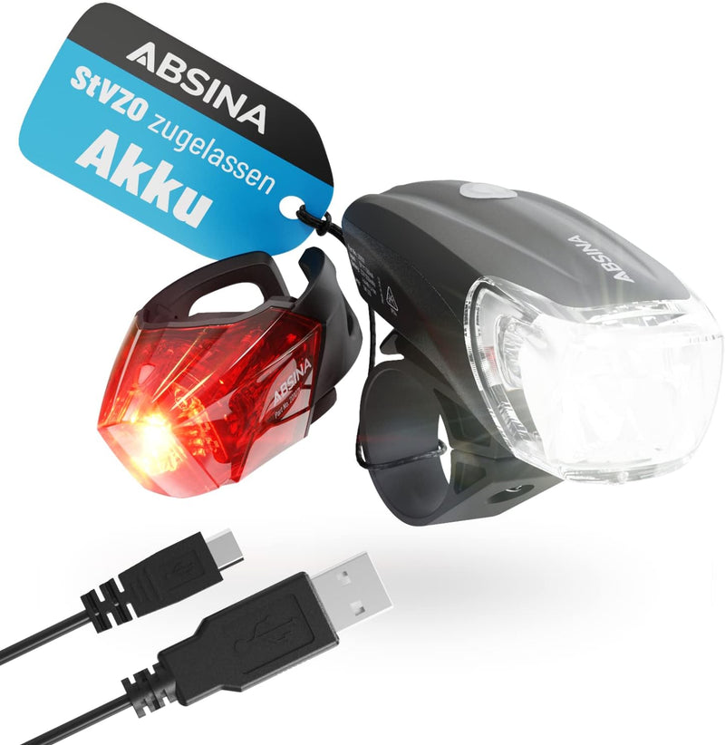 ABSINA LED Fahrradlicht Set USB aufladbar - 100m Reichweite, 180 Lumen & 50 Lux - Fahrradbeleuchtung