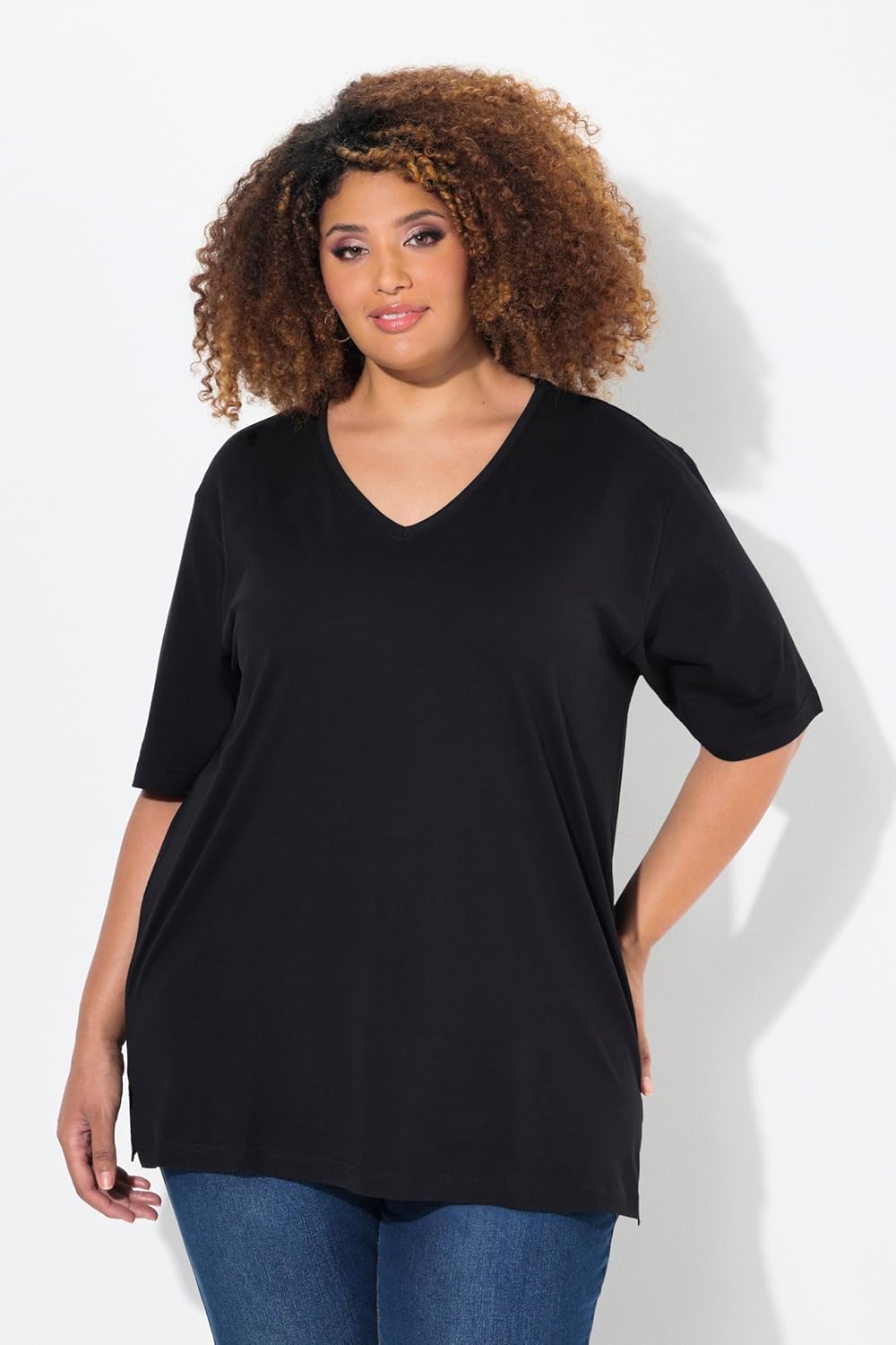 Ulla Popken Damen grosse Grössen Übergrössen Plus Size T-Shirt, Basic, Relaxed Fit, V-Ausschnitt, Ha