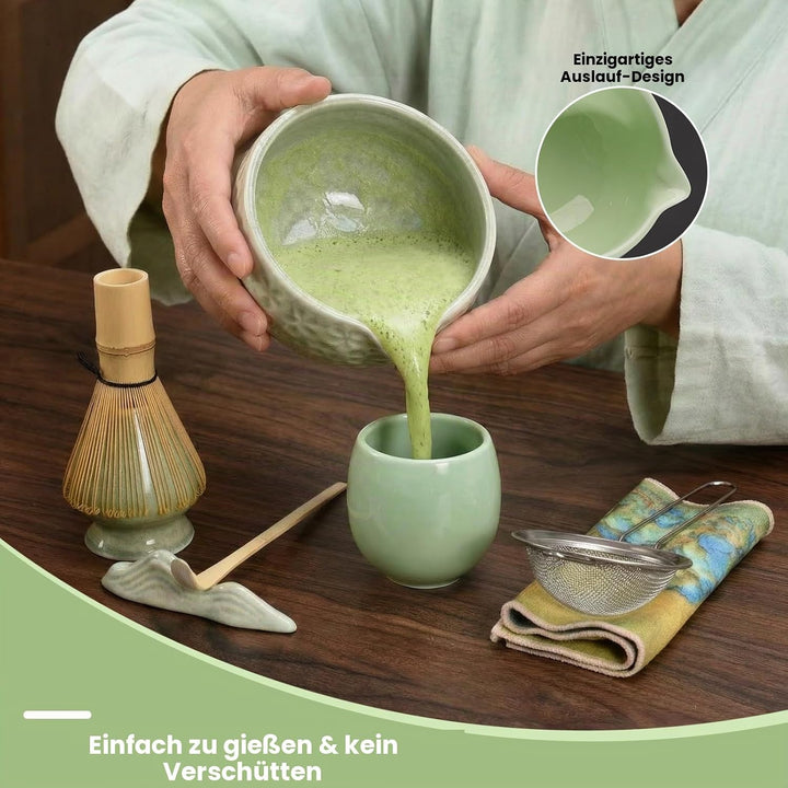 9‑in‑1 Matcha Set mit Matchaschale (560ml), Glas, Bambusbesen, Bambuslöffel, Sieb & Teematte – Japan