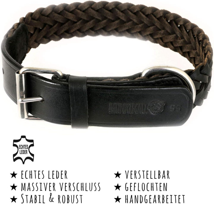 Monkimau Halsband für Hunde aus echt Leder geflochten verstellbar XL 47-58 cm L: 30mm x 65cm, L: 30m