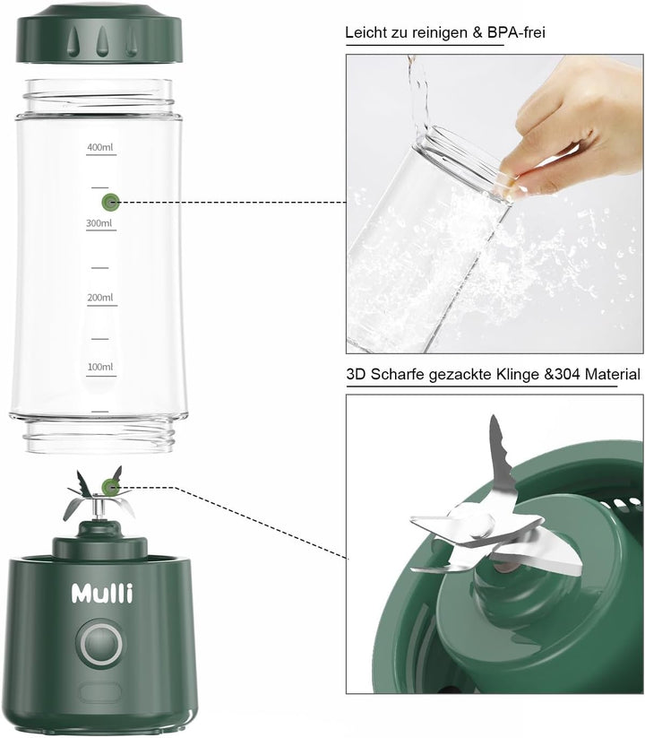 Mulli Tragbarer Mixer,USB-C wiederaufladbarer persönlicher Mixer für Smoothie und Shakes,Mini-Mixer
