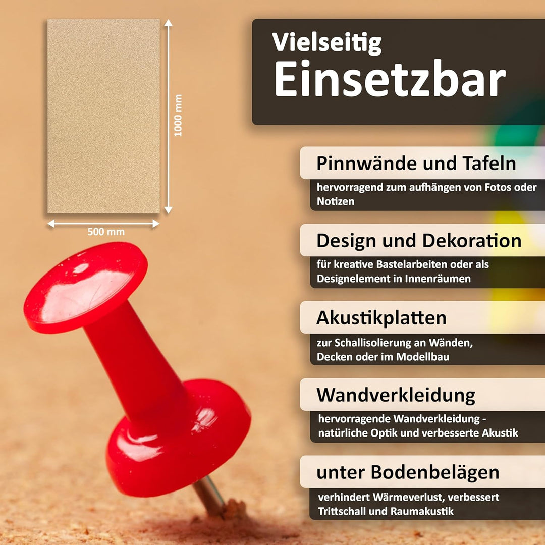 TRECOR Pinnwand Korkplatte Format: 1000 x 500 mm - Stärken: 2-20 mm - hochwertige Korkplatte - hoche